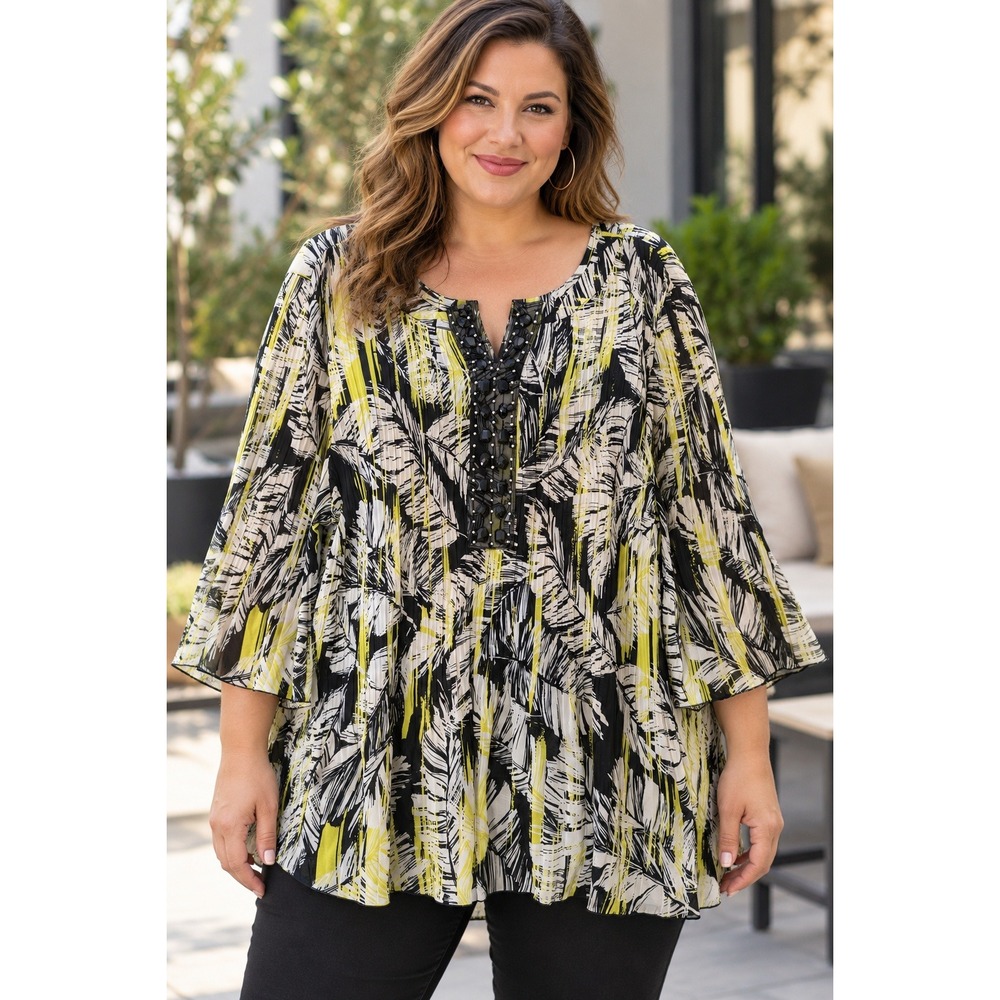 Catherines Womens 2X Black Yellow Leaf Print Beaded Pleated V Neck Tunic Top